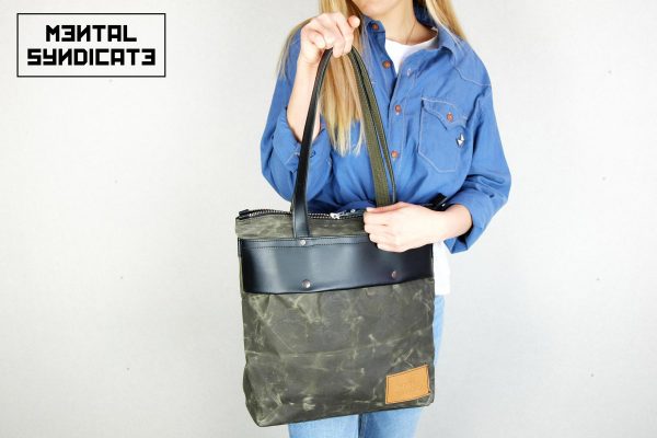 LEATHER TOTE BAG MILITARY GREEN - 4